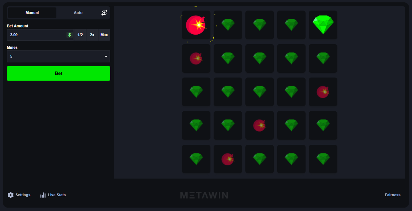 MetaWin Mines game board showing revealed gems and hidden mines