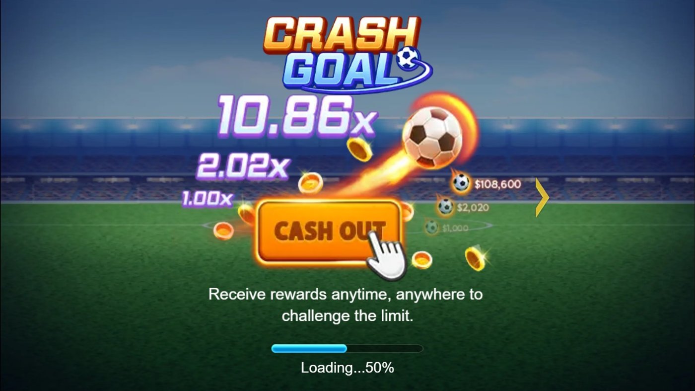 Crash Goal splash screen showing the multiplier curve, cash out button, and soccer ball on a football pitch