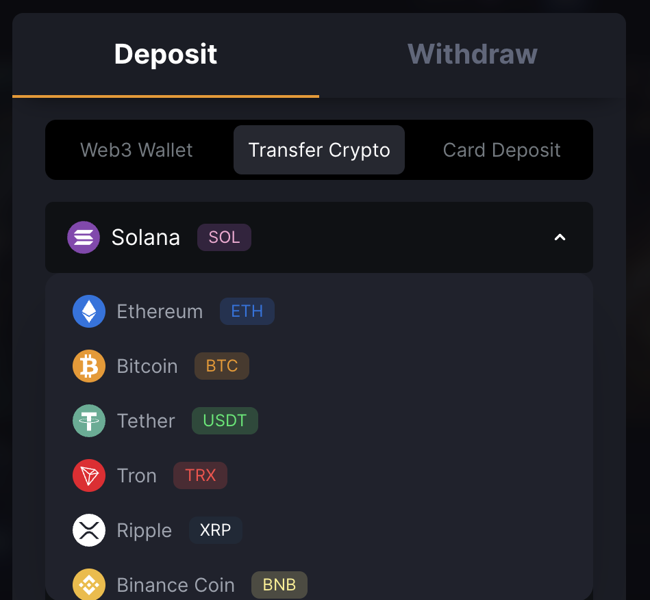 Transfer Crypto tab with currency selector showing Bitcoin, Ethereum, Solana, and other options