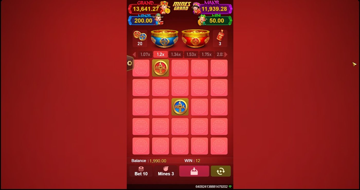Mines Grand round in progress with two coins revealed, the Blue and Red Bowls above the grid and a 1.2x multiplier