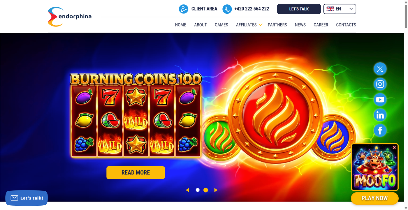Endorphina official website showcasing their latest slot releases