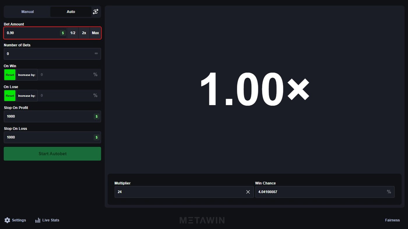 MetaWin Limbo auto bet mode with On Win and On Lose settings, Stop On Profit and Stop On Loss controls, multiplier set to 24x