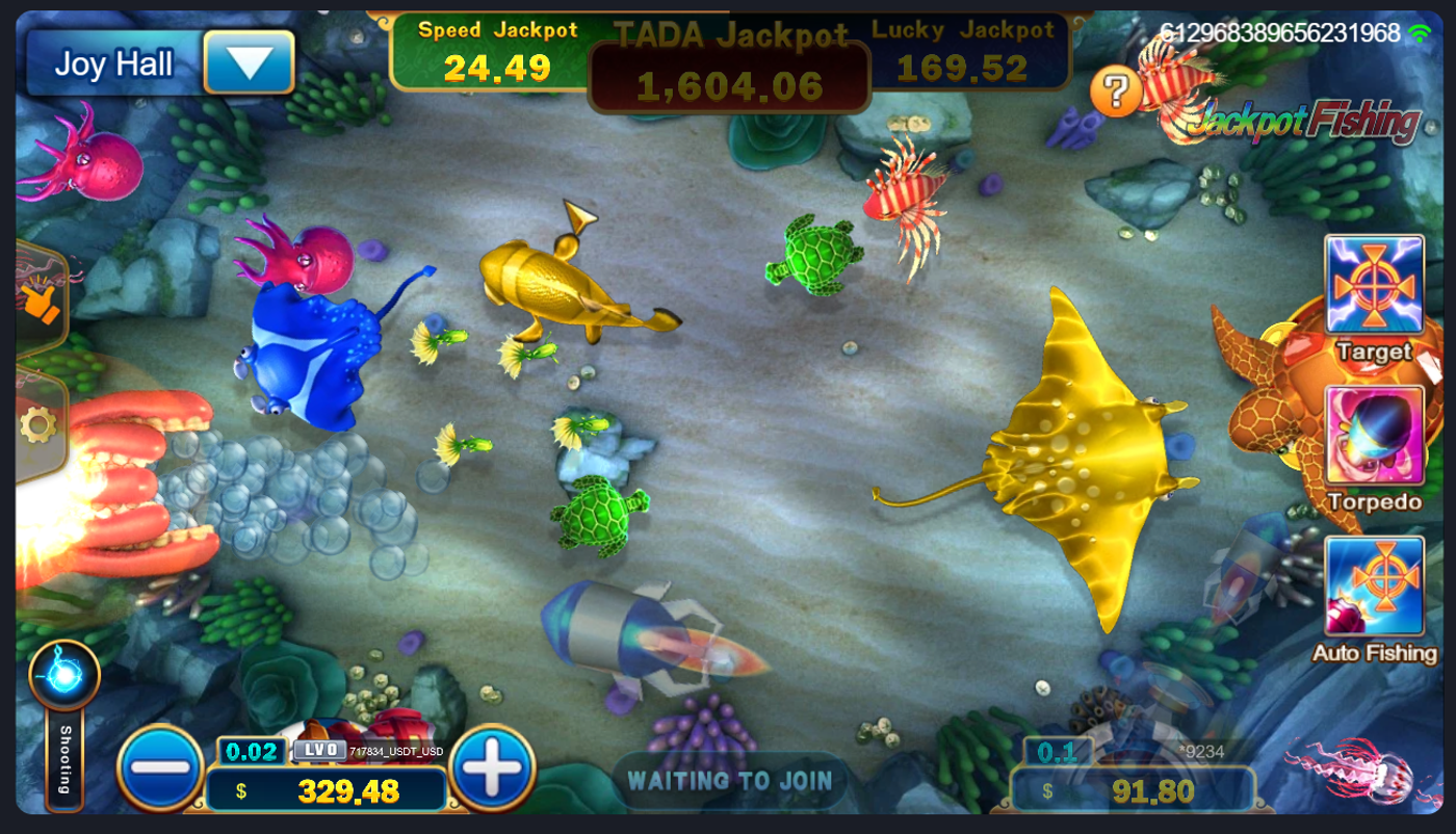 Jackpot Fishing showing manta ray and octopus targets with Torpedo and Auto Fishing controls