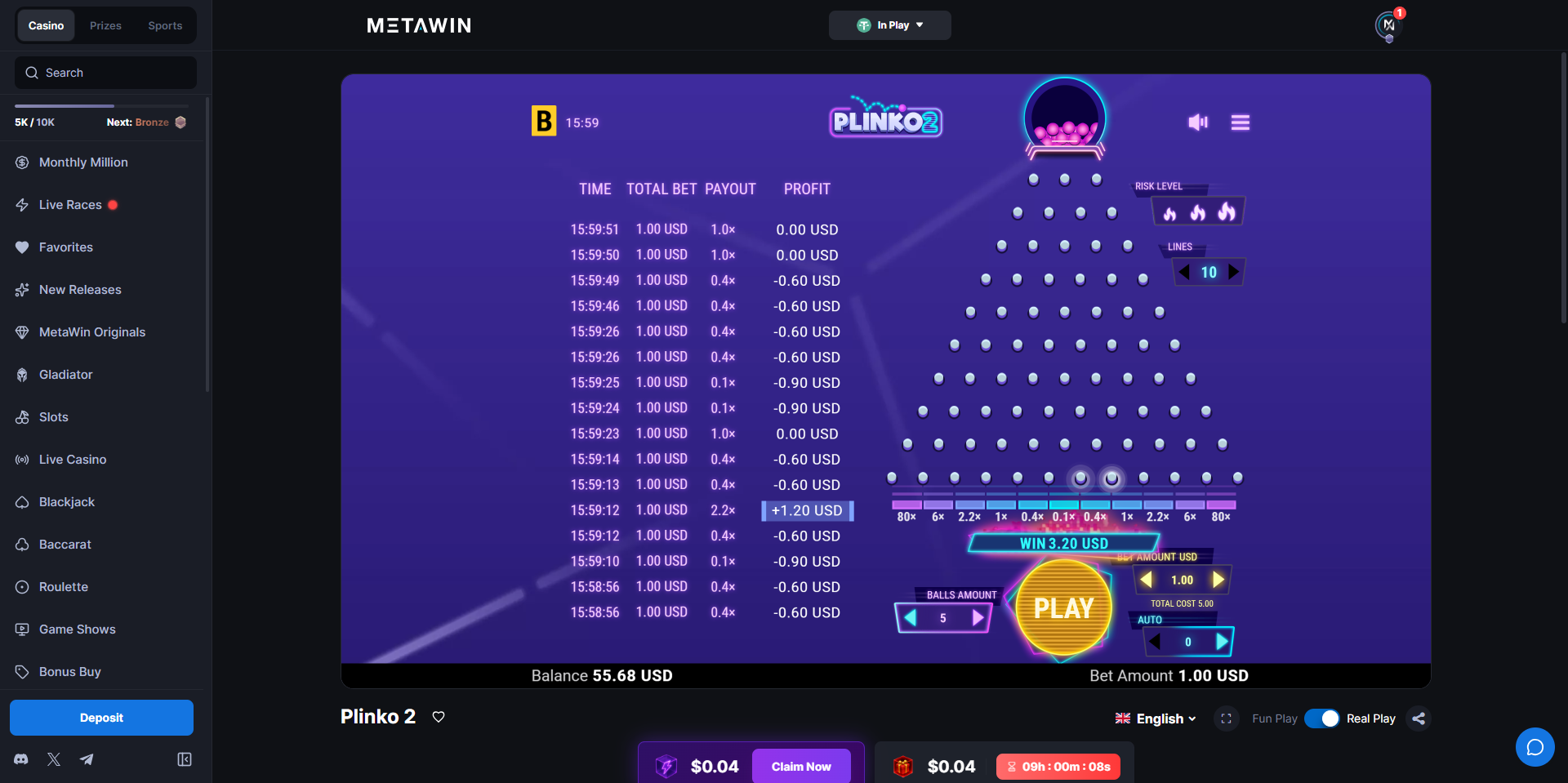 BGaming's Plinko 2 at MetaWin