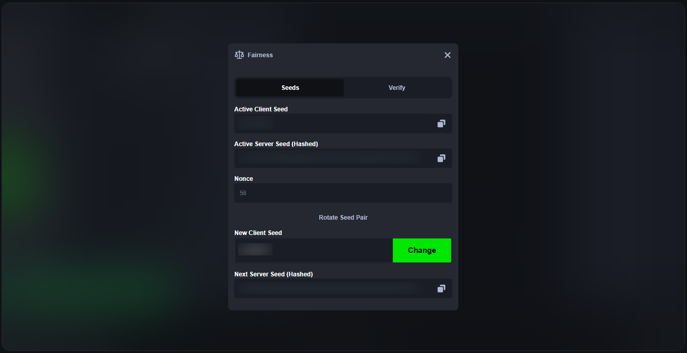 MetaWin Mines Fairness panel showing the active client seed, hashed server seed, nonce and Rotate Seed Pair