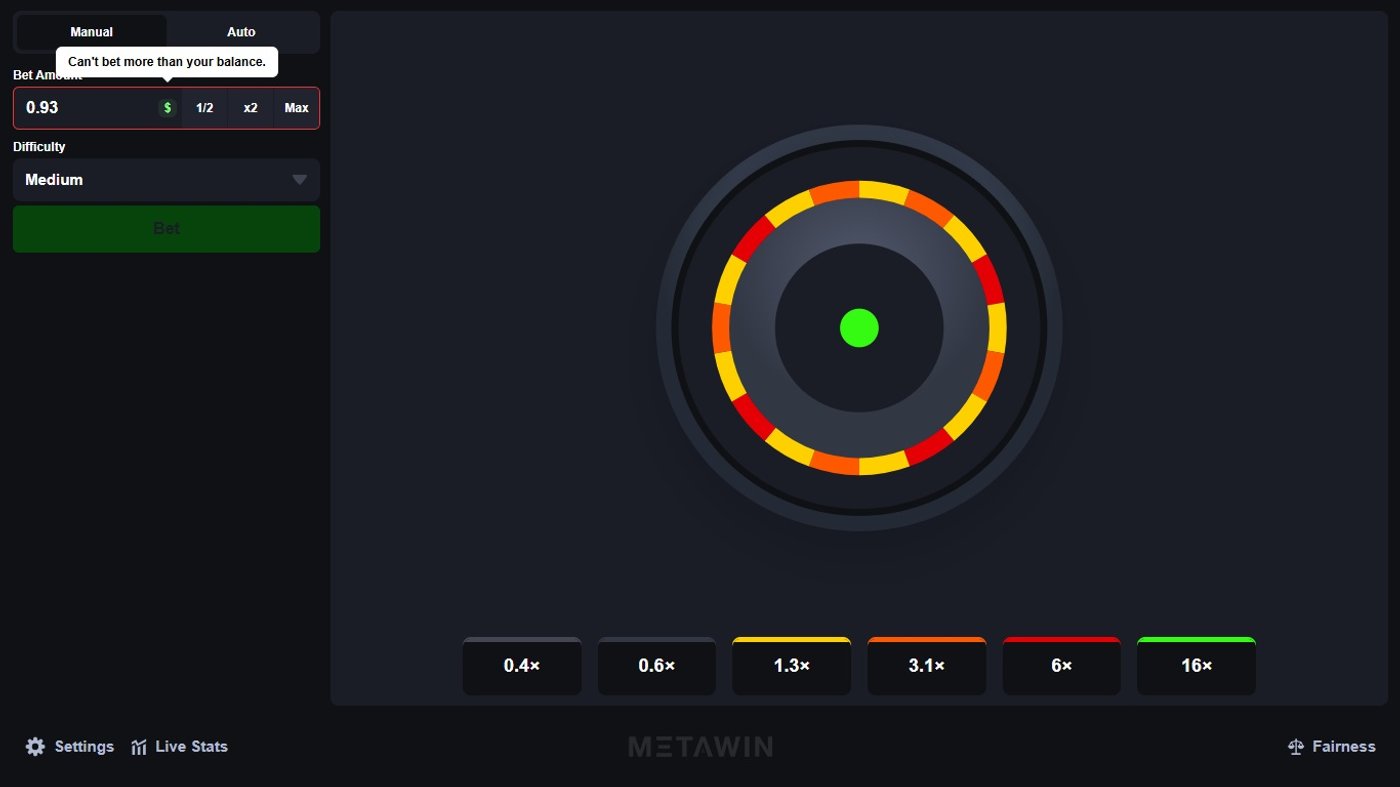 MetaWin Darts game on Medium difficulty showing the dartboard with color-coded multiplier segments from 0.4x to 16x