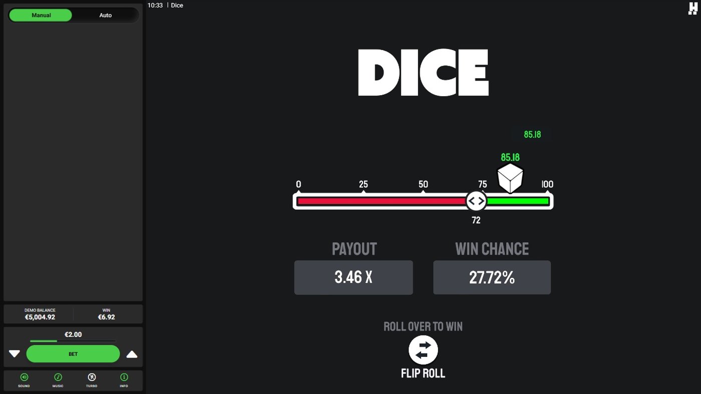Hacksaw Dice winning roll of 85.18 with the target set at 72, paying 3.46x
