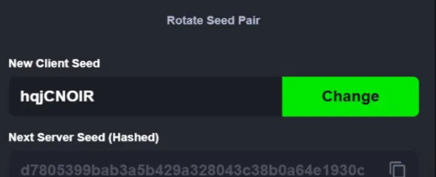 Seeds tab showing New Client Seed input and Next Server Seed hash