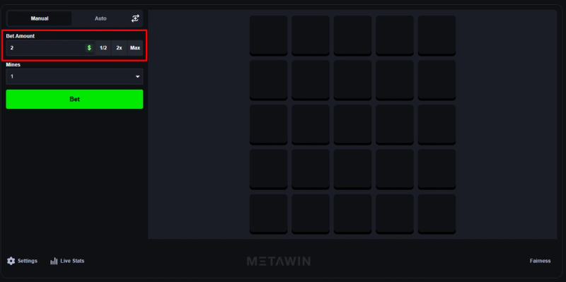 Open MetaWin Mines and set your bet
