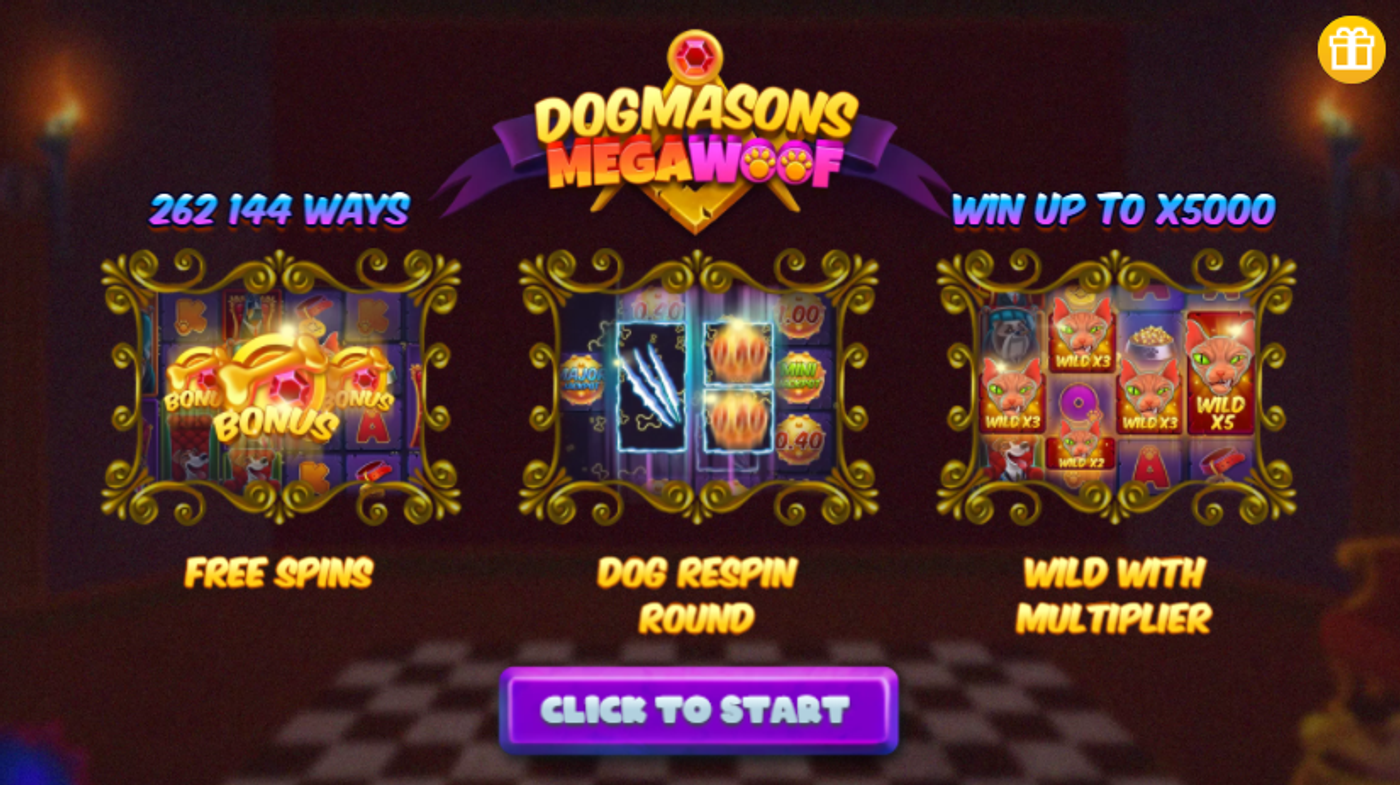 Dogmasons MegaWoof splash screen showing 262,144 ways, x5000 win potential, Free Spins, Dog Respin Round, and Wild with Multiplier features