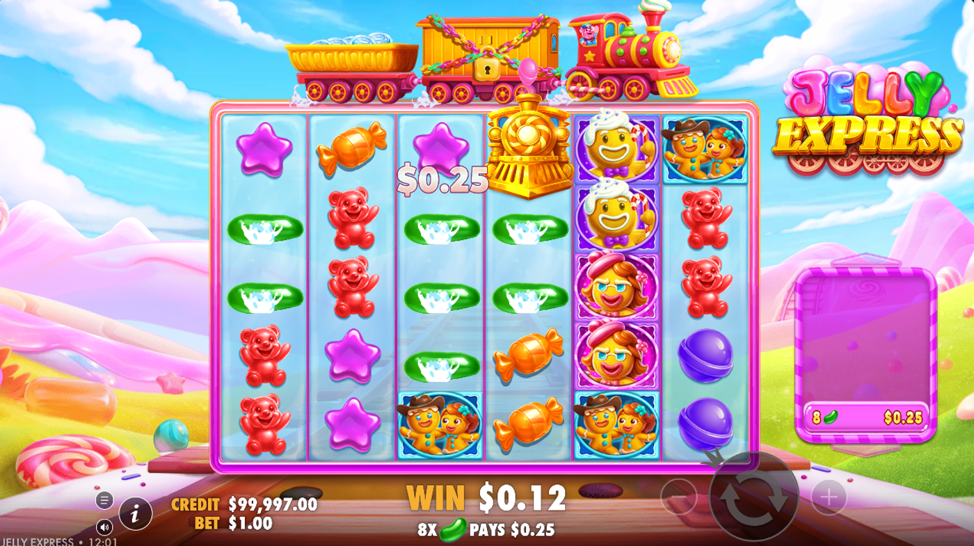 Jelly Express base game showing a cluster pay win of $0.25 with candy and gummy bear symbols
