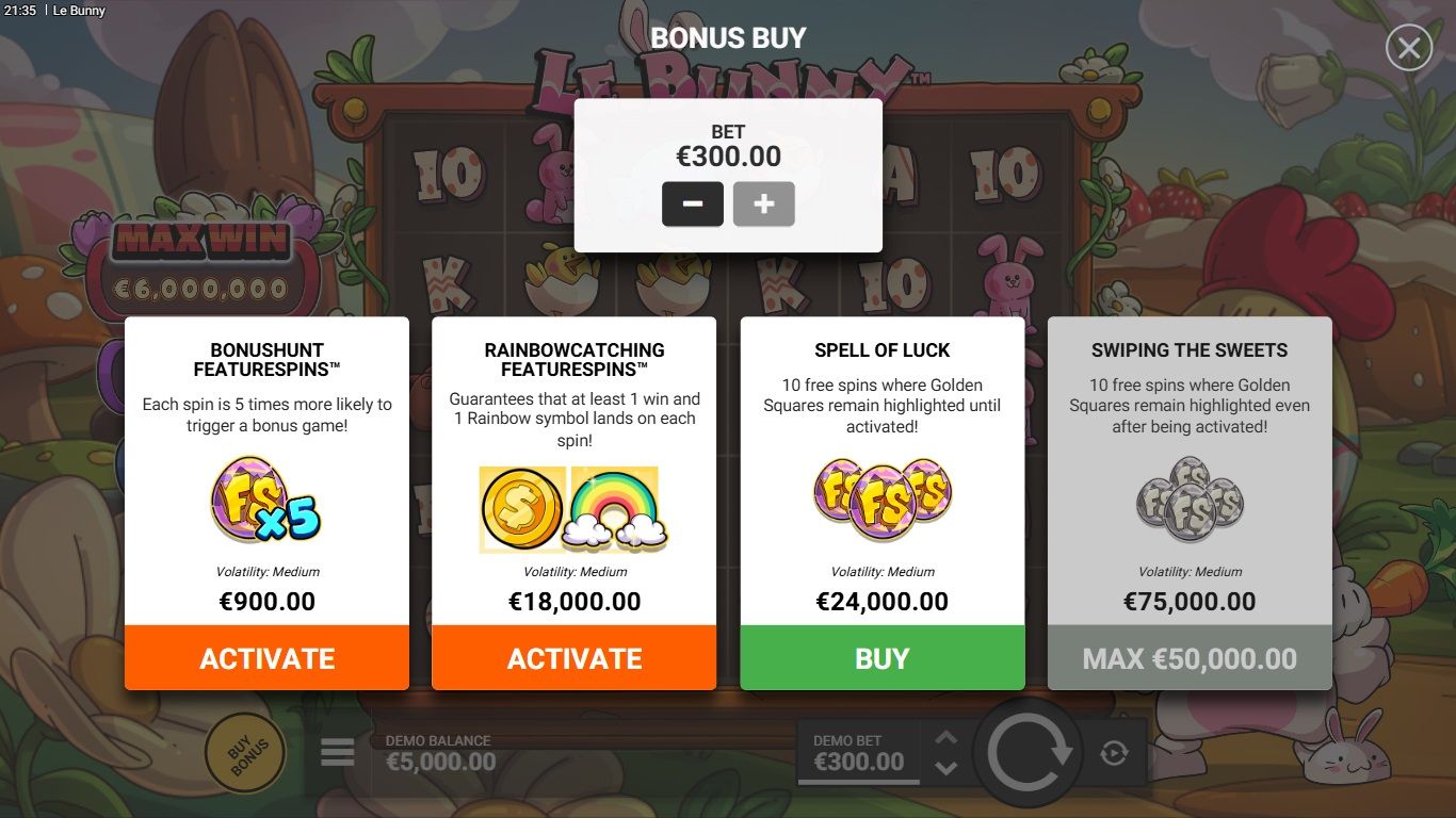 Le Bunny bonus buy menu showing four feature options from BonusHunt to Swiping the Sweets