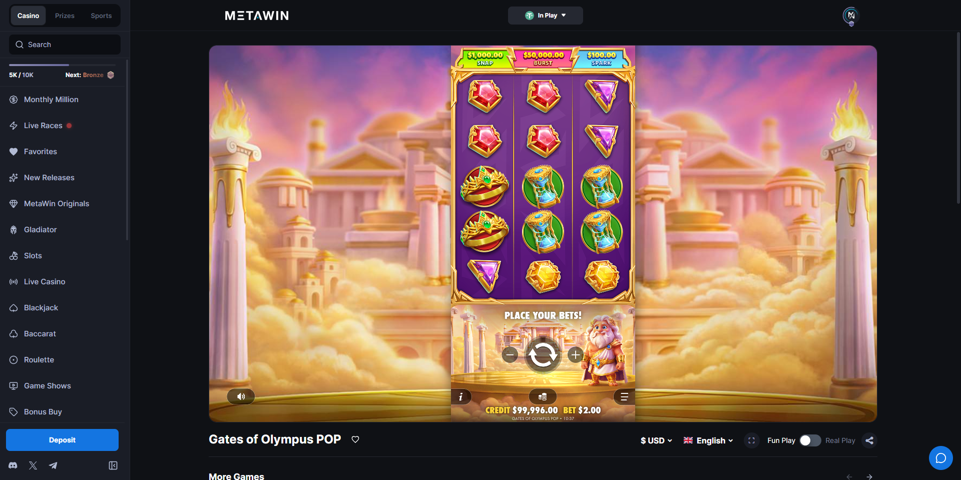 Gates of Olympus POP slot gameplay on MetaWin showing Zeus and golden temple reels with multiplier symbols