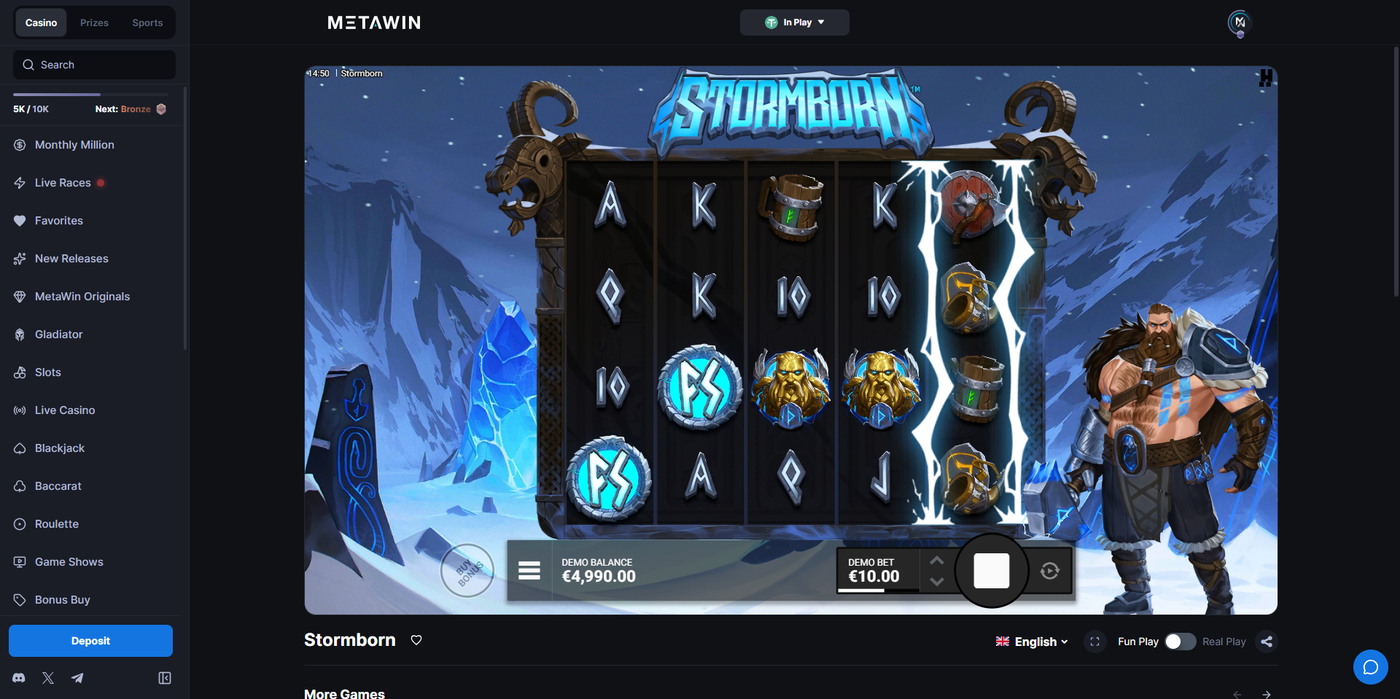 Stormborn slot on MetaWin showing Norse mythology theme with Viking character and lightning effects