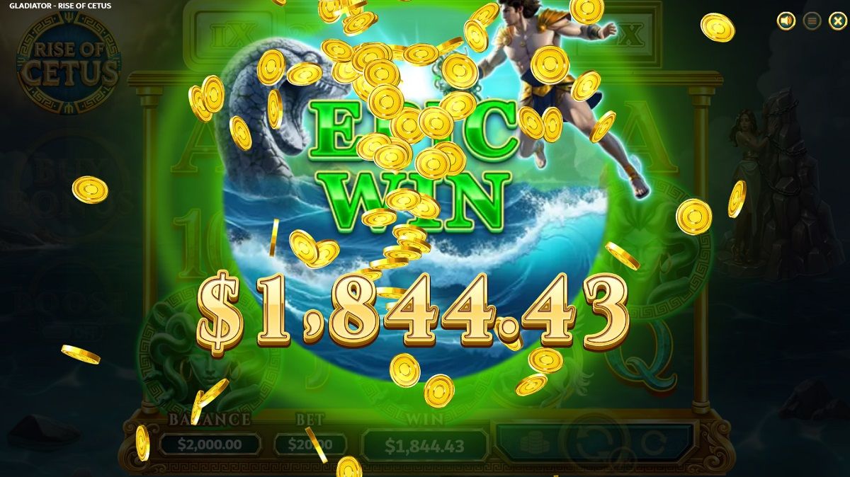 Rise of Cetus epic win celebration showing a $1,844.43 payout