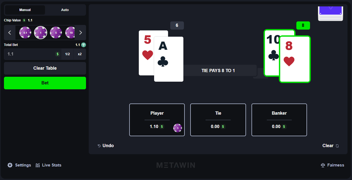 MetaWin Baccarat mid-round showing Player hand vs Banker hand with betting zones for Player, Tie, and Banker