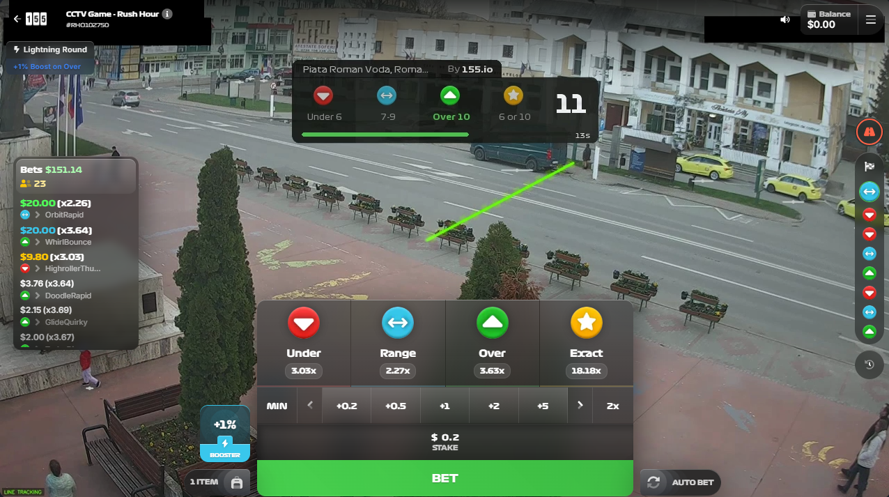 CCTV Game Rush Hour live gameplay showing a real CCTV traffic feed with detection zone, vehicle count, and betting options
