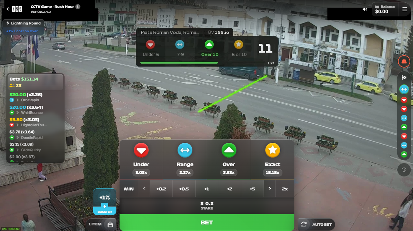 CCTV Game Rush Hour live gameplay showing a real CCTV traffic feed with detection zone, vehicle count, and betting options
