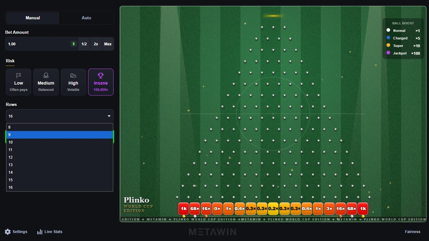 Plinko World Cup Edition Insane mode with row selector dropdown and Ball Boost legend showing Normal, Charged, Super, and Jackpot multipliers