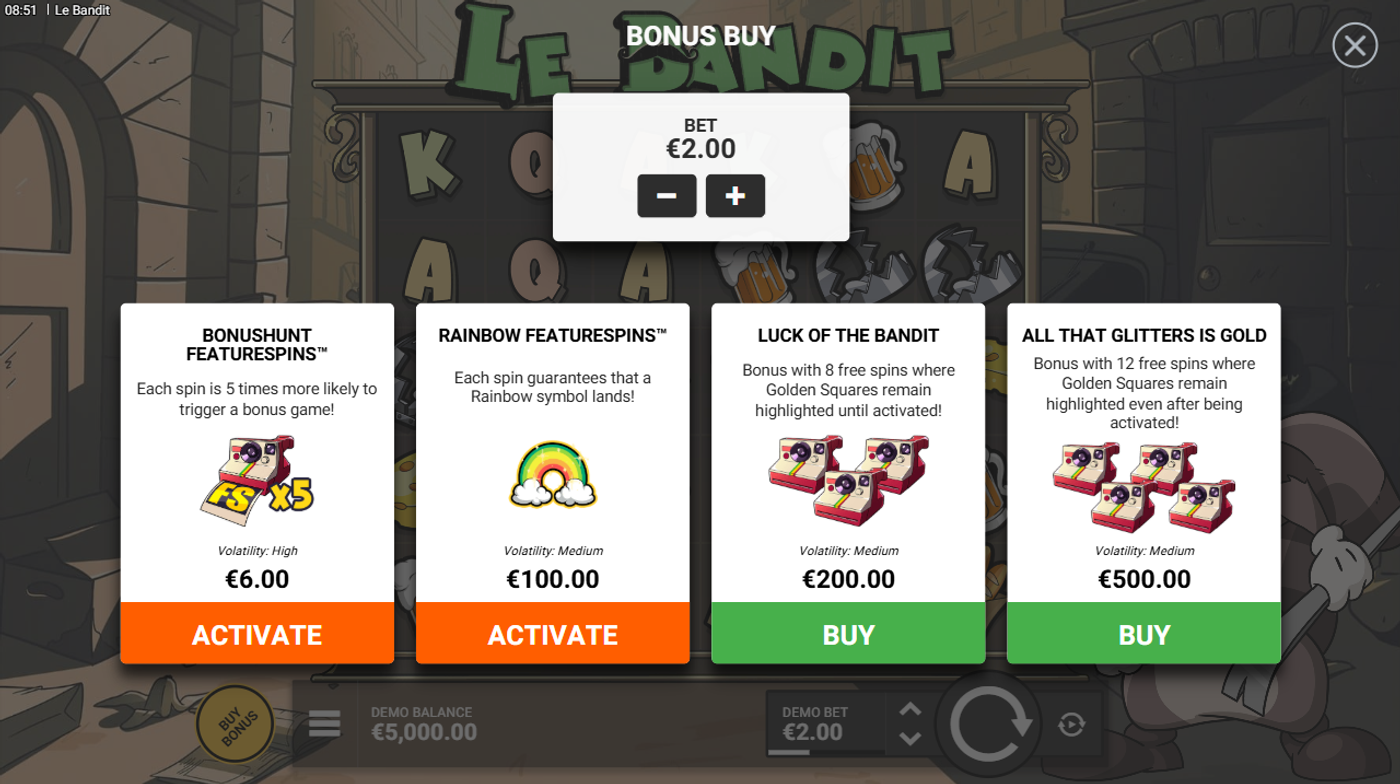 Le Bandit Bonus Buy menu showing four purchase options including BonusHunt FeatureSpins and three free spins tiers