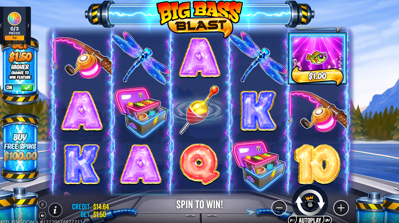 Big Bass Blast gameplay showing a Fish Money Symbol with .00 value on reel 5