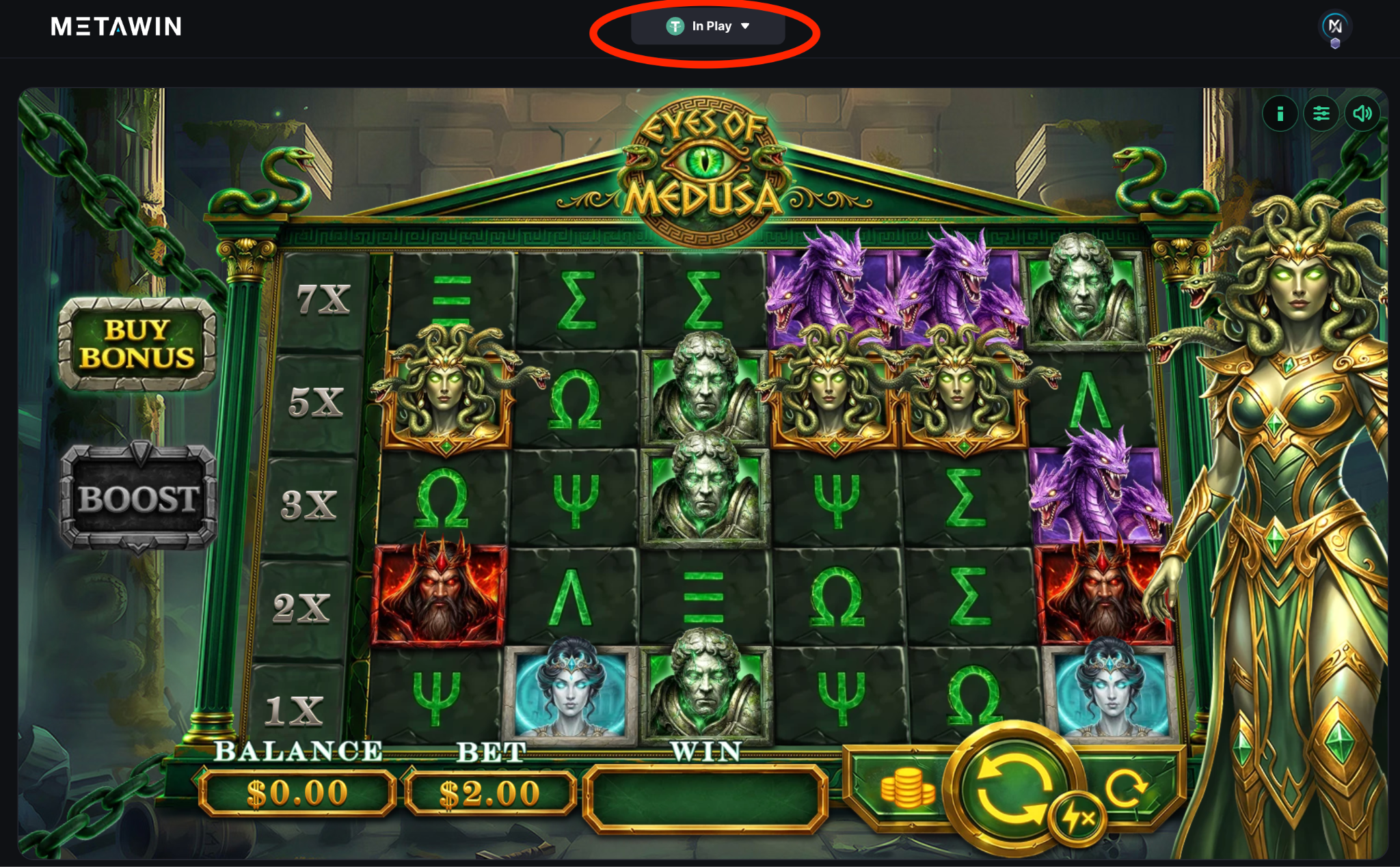 MetaWin game screen showing USDT selected as the betting currency with the currency selector highlighted