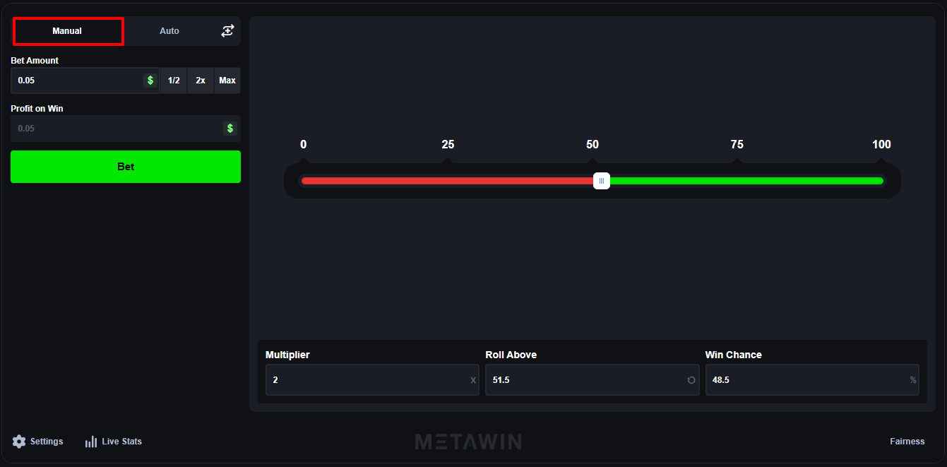 MetaWin Dice manual tab showing Bet Amount, Profit on Win, and the dice slider with Multiplier, Roll Above and Win Chance