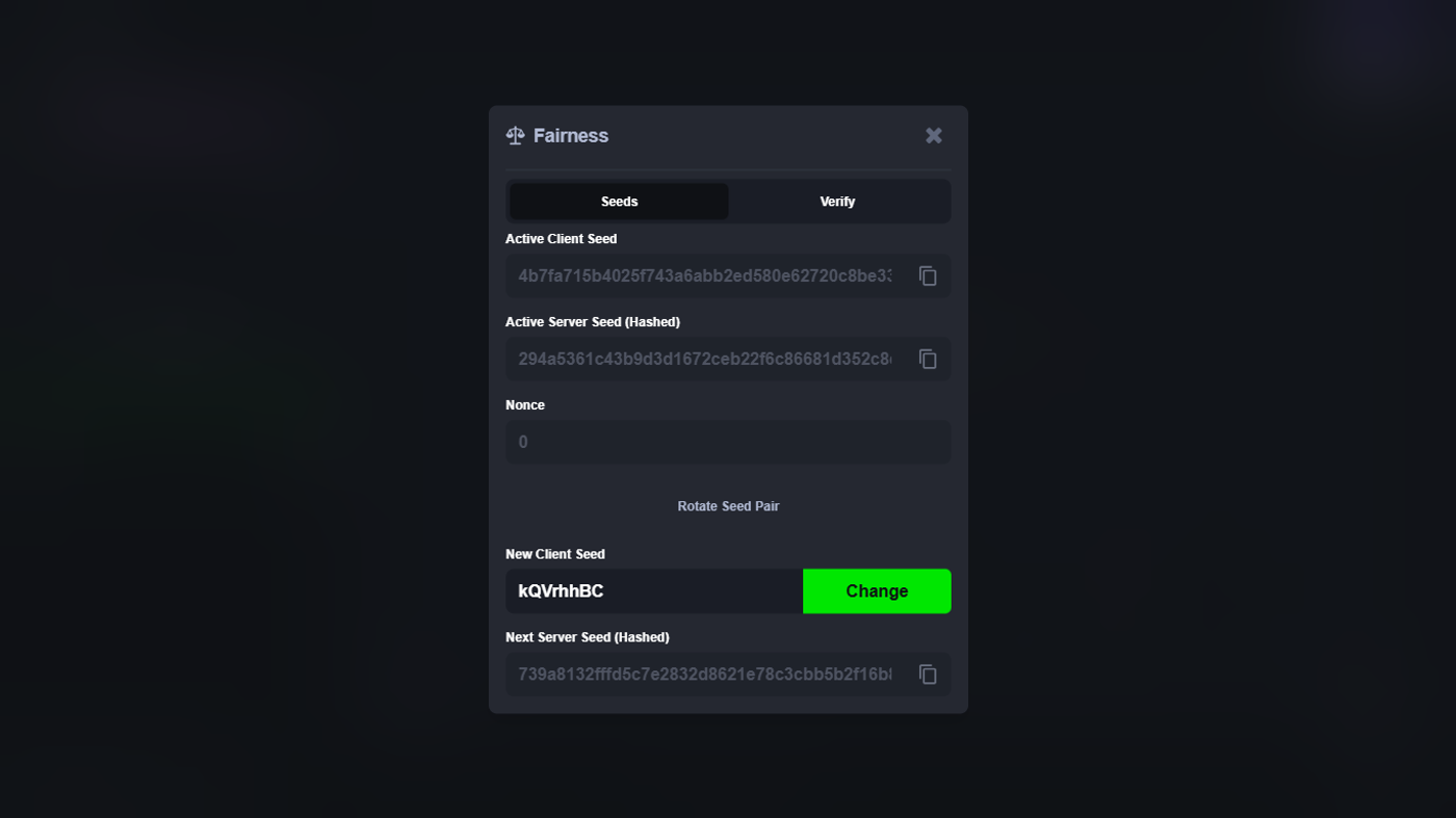 MetaWin Baccarat Fairness panel showing the provably fair verification system with seed and nonce fields