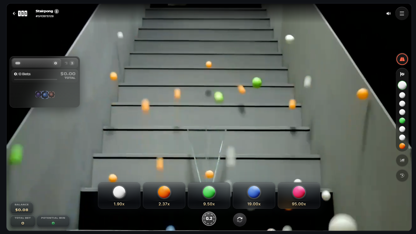 Stairpong live game showing 106 colored ping-pong balls racing down a real staircase with five color multiplier options