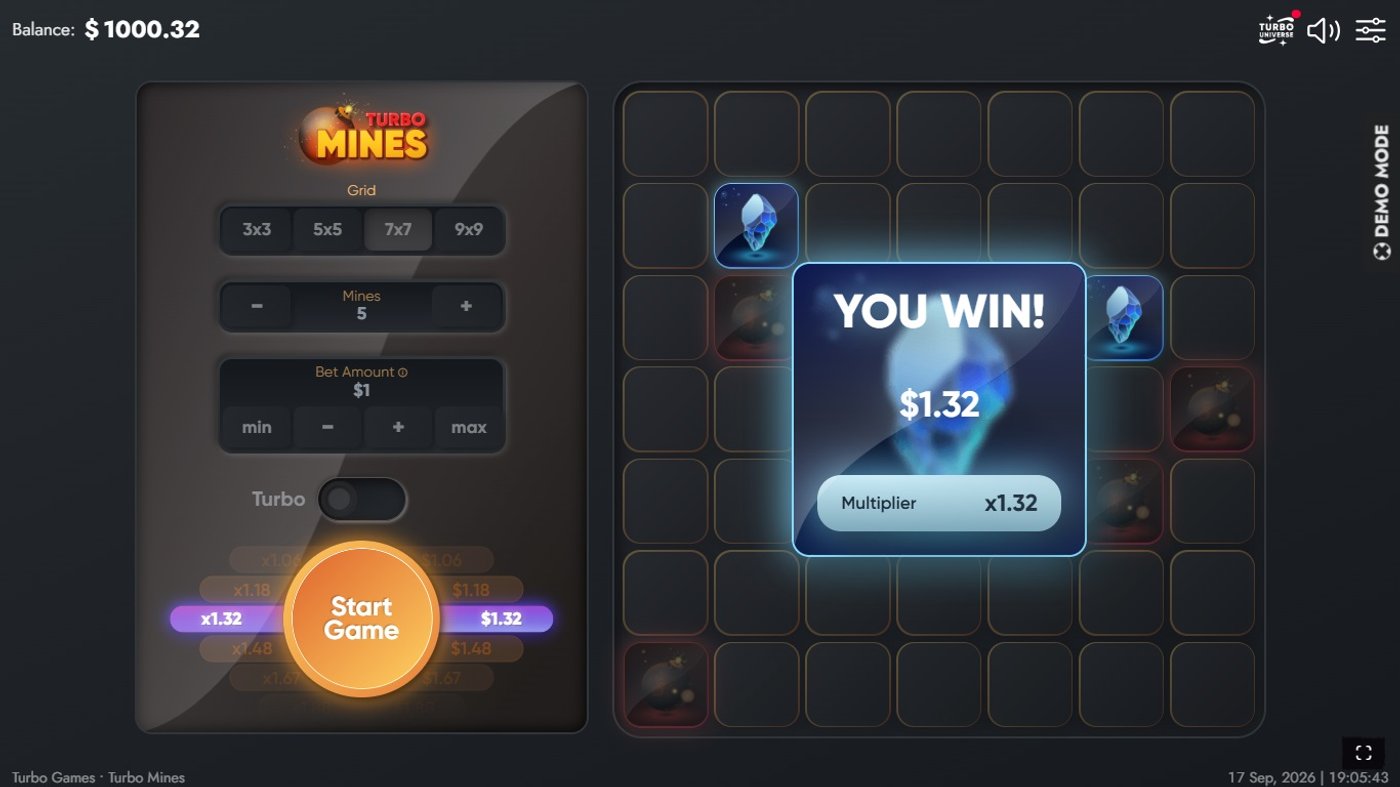 Turbo Mines win screen showing a 1.32x multiplier payout of $1.32 on a 7x7 grid