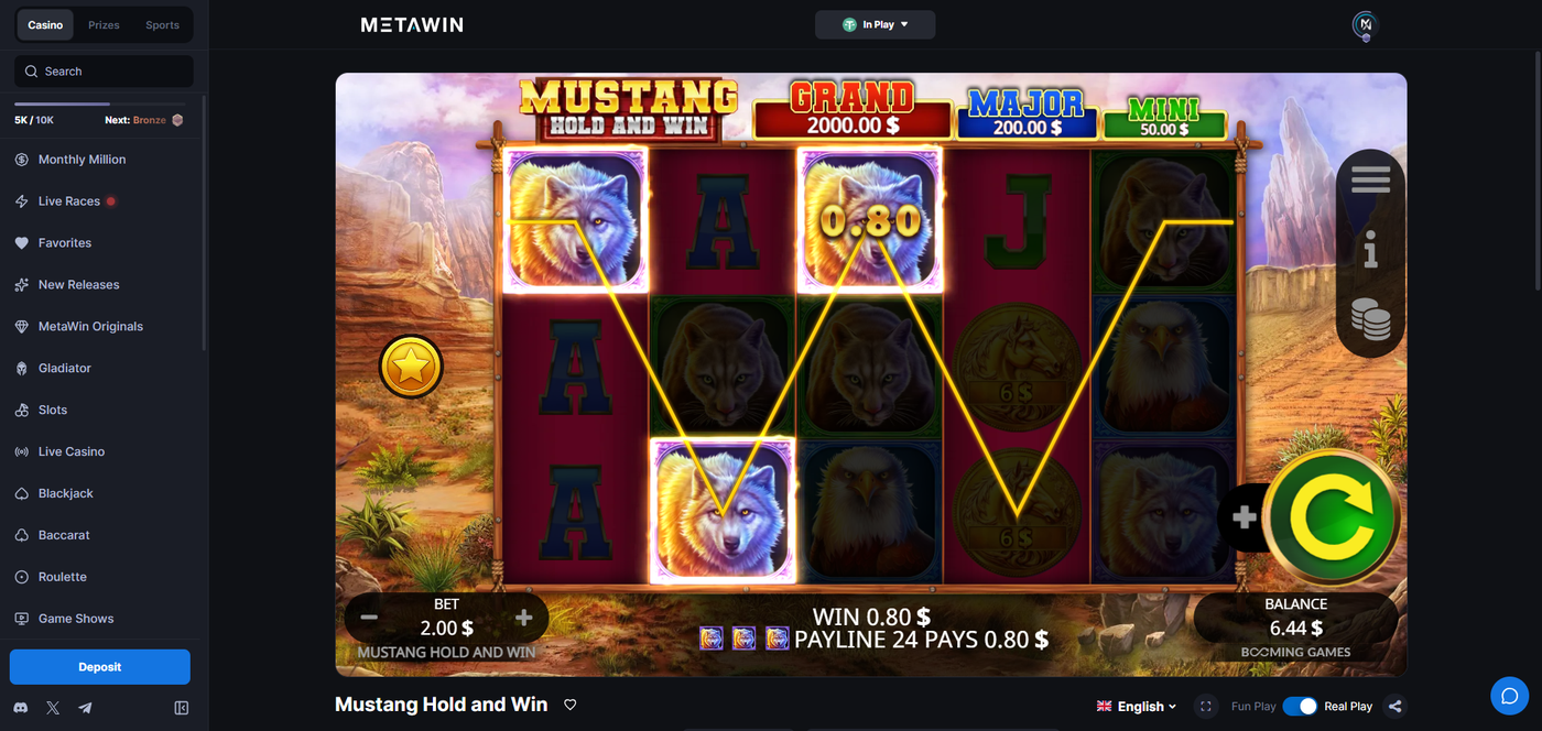 Mustang Hold and Win slot gameplay on MetaWin Casino