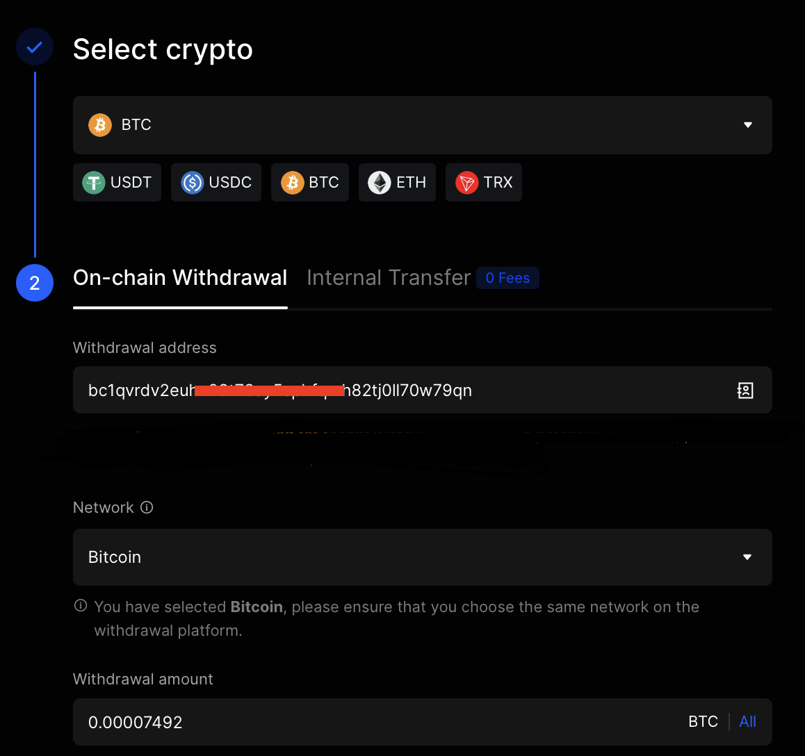 BingX exchange withdrawal screen showing BTC selected, withdrawal address, network set to Bitcoin, and amount field