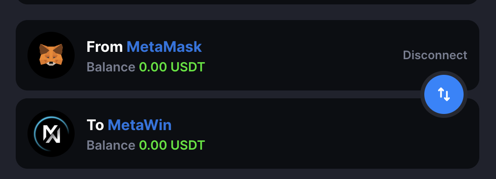 MetaWin Cashier showing From MetaMask and To MetaWin balance panels for USDT transfer
