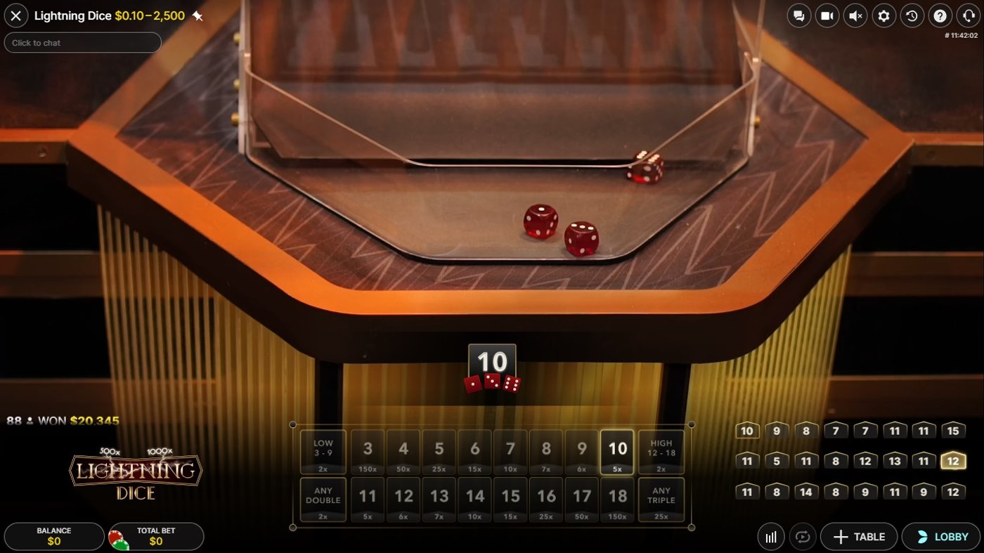 Lightning Dice result showing three dice landed on a total of 10 at the base of the tower