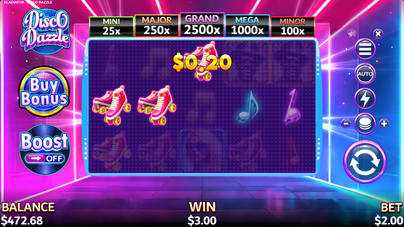 Disco Dazzle slot showing the 5x3 reel grid with neon disco theme, expanding bonus, and colourful symbols