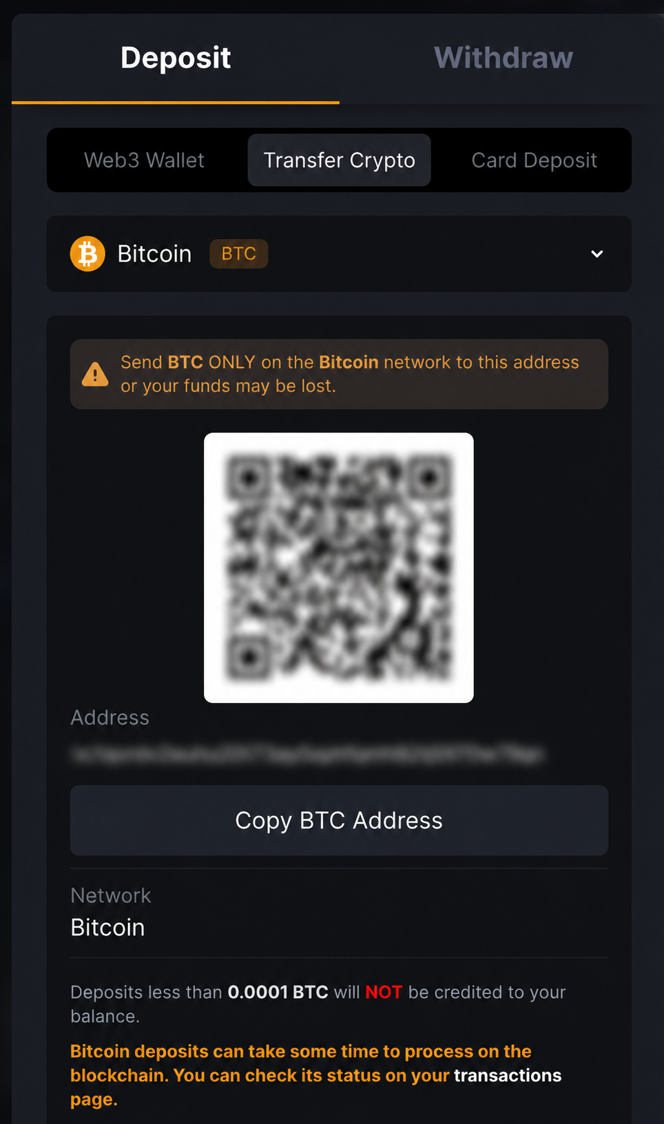 Bitcoin deposit address with QR code and Copy BTC Address button