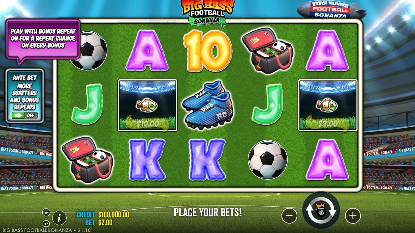 Big Bass Football Bonanza base game showing the 5x3 reel grid with football-themed symbols