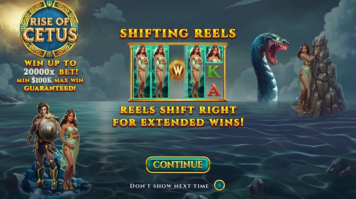 Rise of Cetus Shifting Reels feature splash screen showing cascading reels mechanic