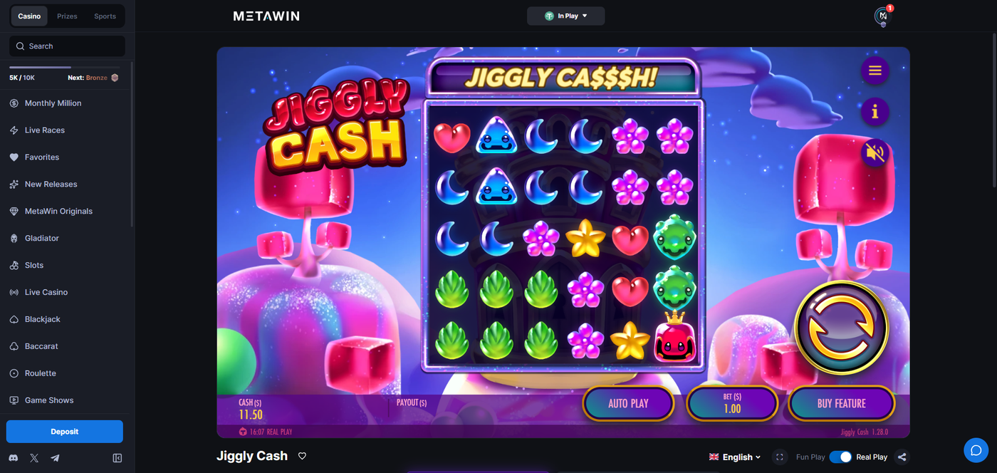 Jiggly Cash slot at MetaWin showing colorful candy-like symbols and Buy Feature button