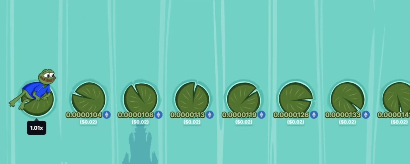 Pepe's River Run mid-game with Pepe jumping across lily pads showing crypto payouts