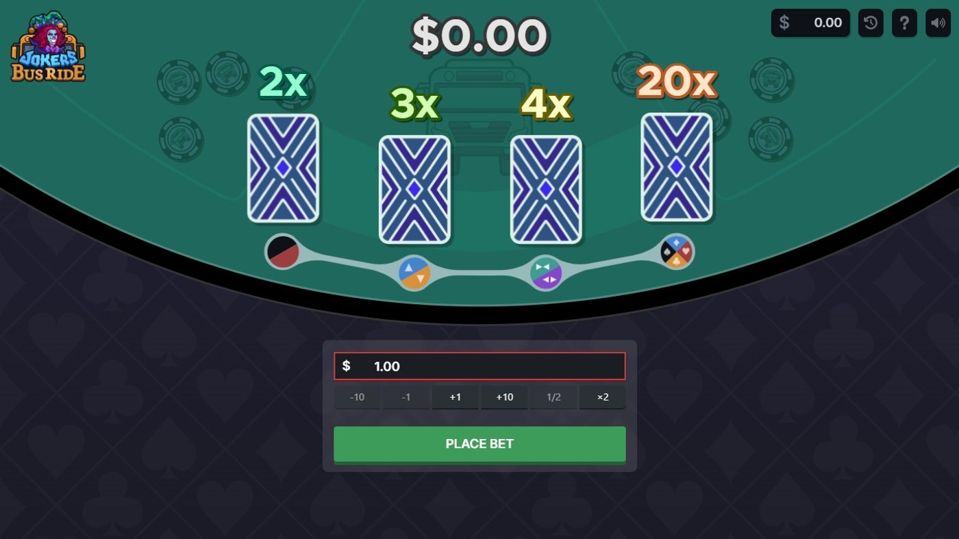 Jokers Bus Ride main game interface with four face-down cards showing 2x, 3x, 4x, and 20x multipliers