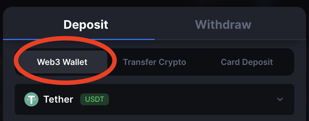 MetaWin Cashier with Web3 Wallet tab highlighted and Tether USDT selected
