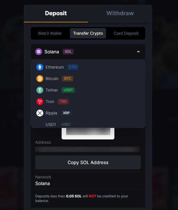 MetaWin Cashier showing the Transfer Crypto tab with currency dropdown