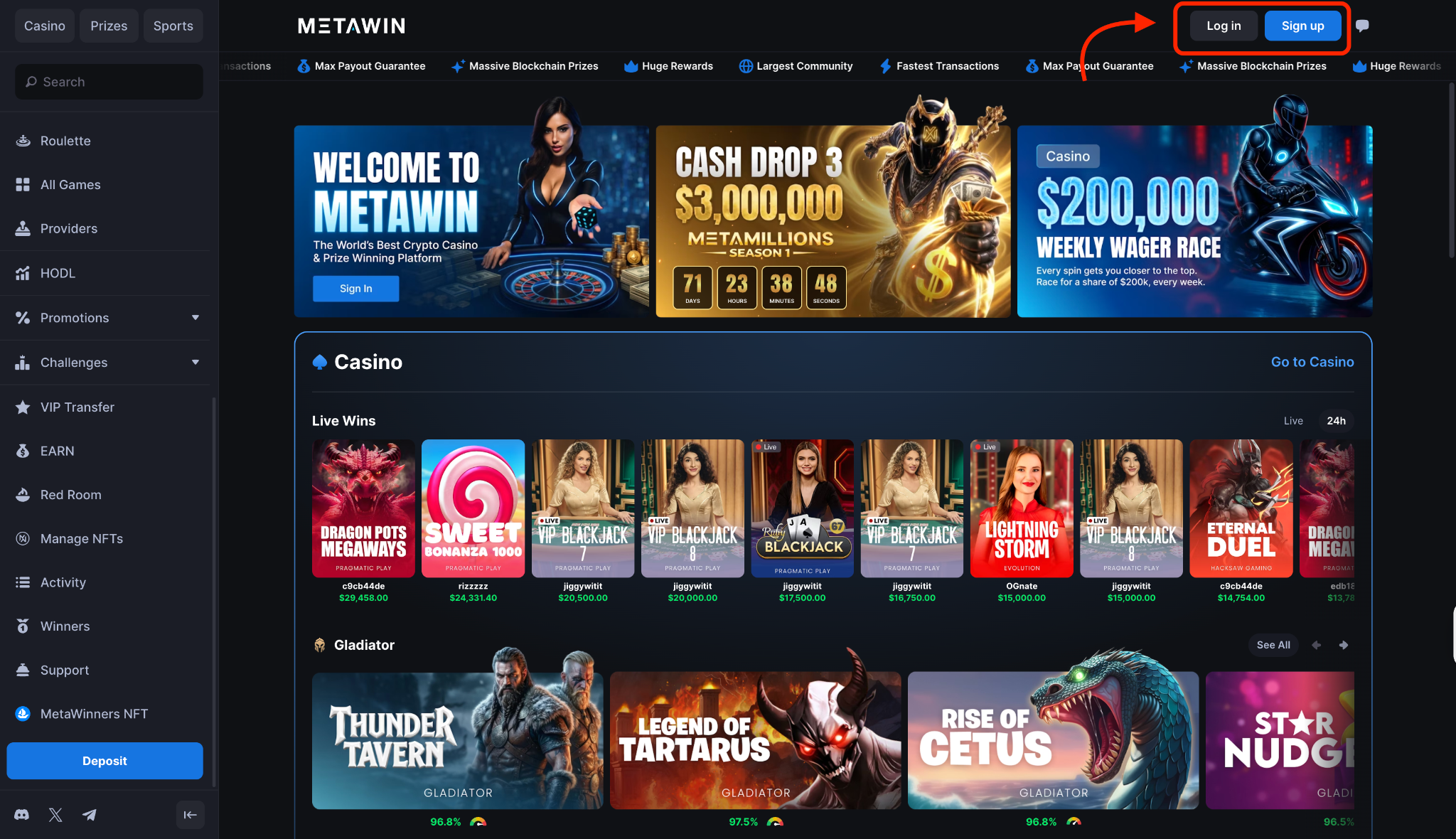 MetaWin Casino Main Login Screen