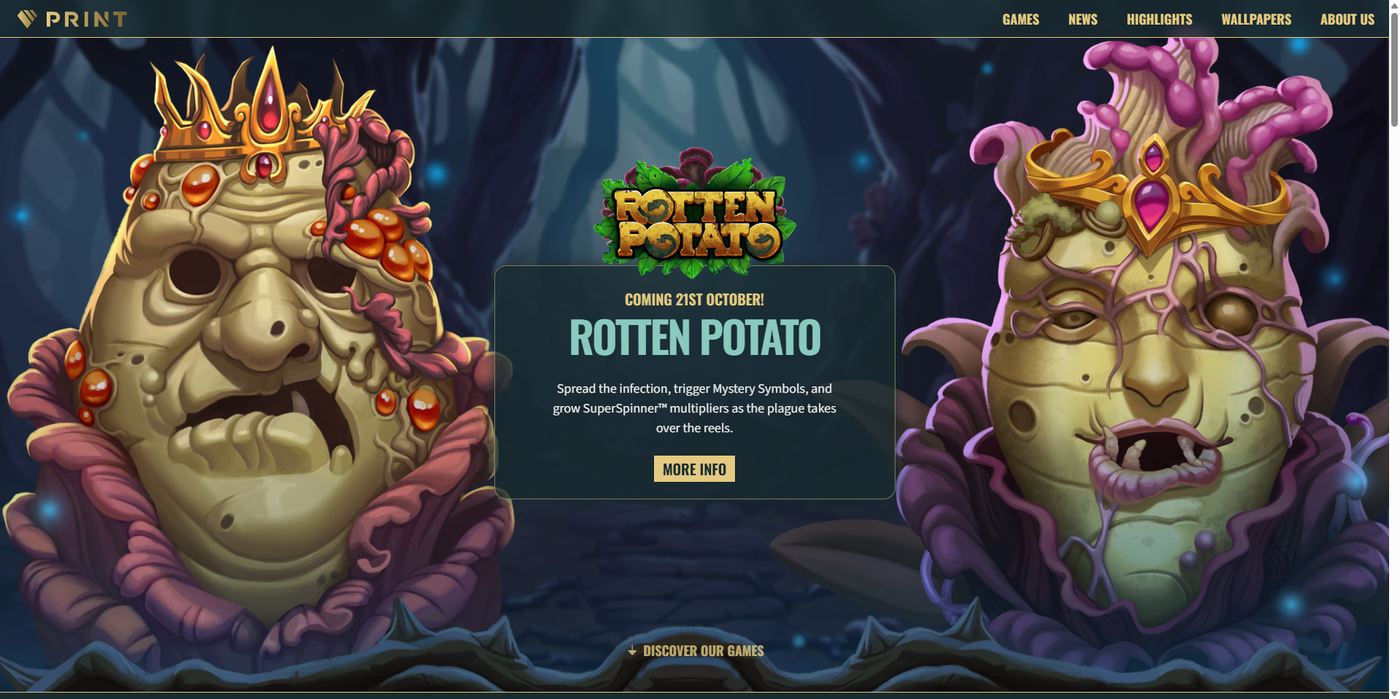 Print Studios website homepage showing the Rotten Potato slot