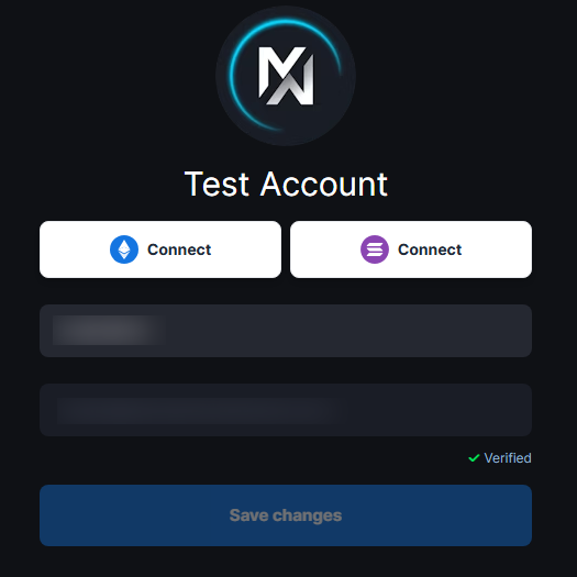 MetaWin Account Settings showing the Solana wallet connection option with Connect button