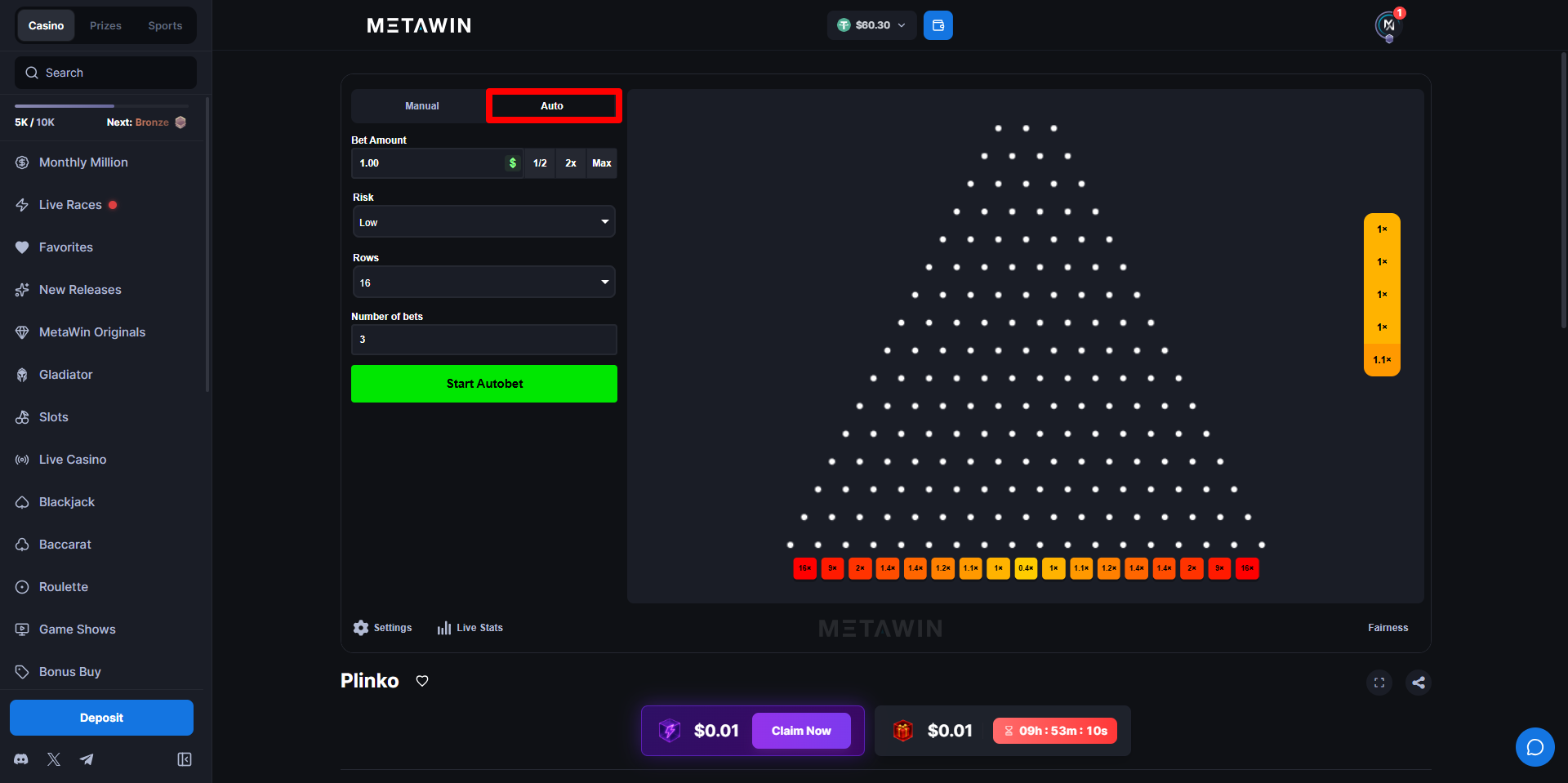 Auto tab in MetaWin Plinko with the Number of bets field