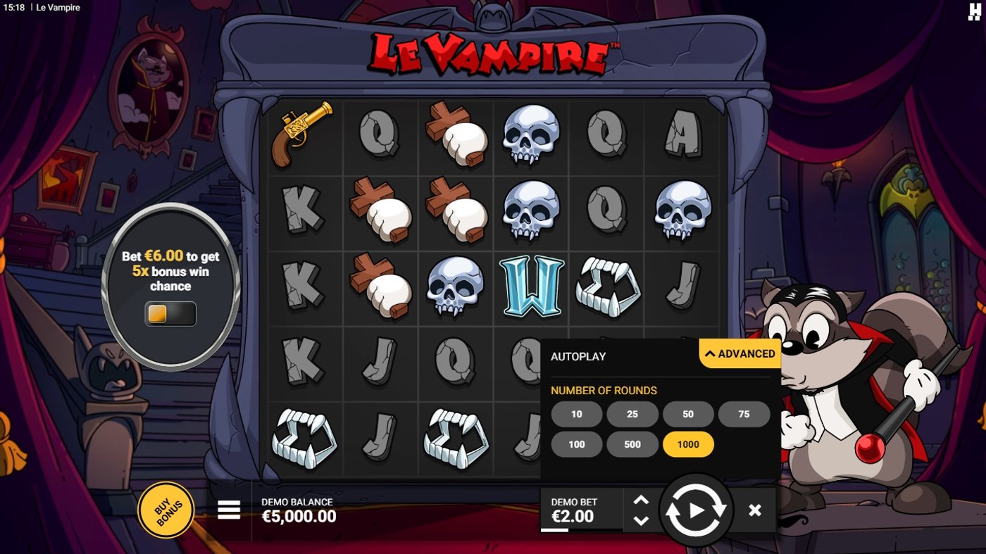 Le Vampire Autoplay menu with round options from 10 to 1,000