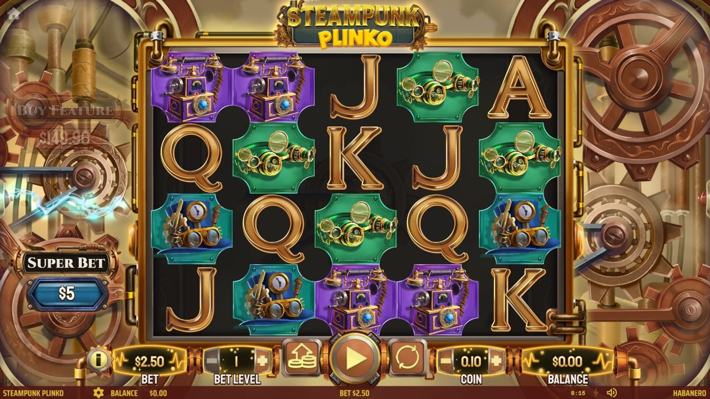 Steampunk Plinko base game showing the 5-reel grid with steampunk symbols and locomotive background