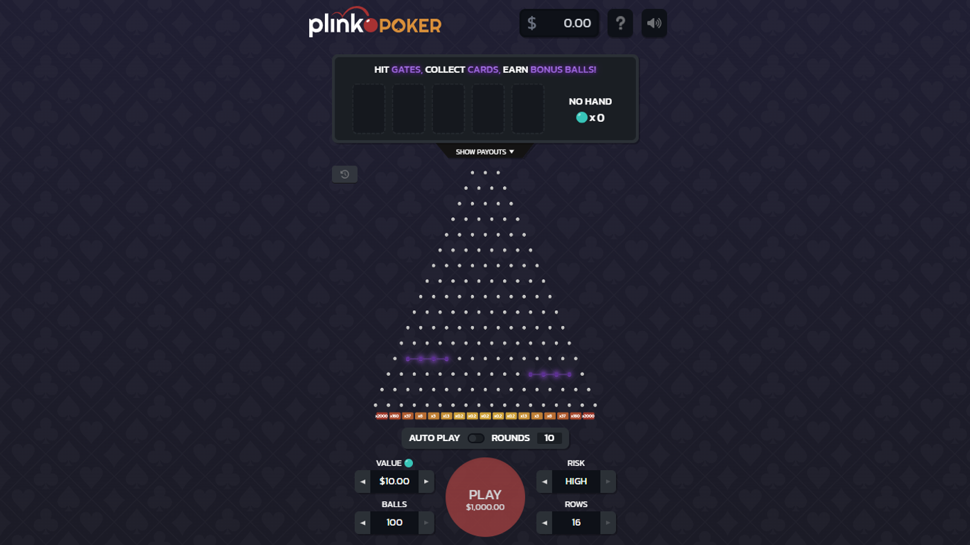 Plinko Poker game board showing the pegboard with bonus gates and multiplier slots